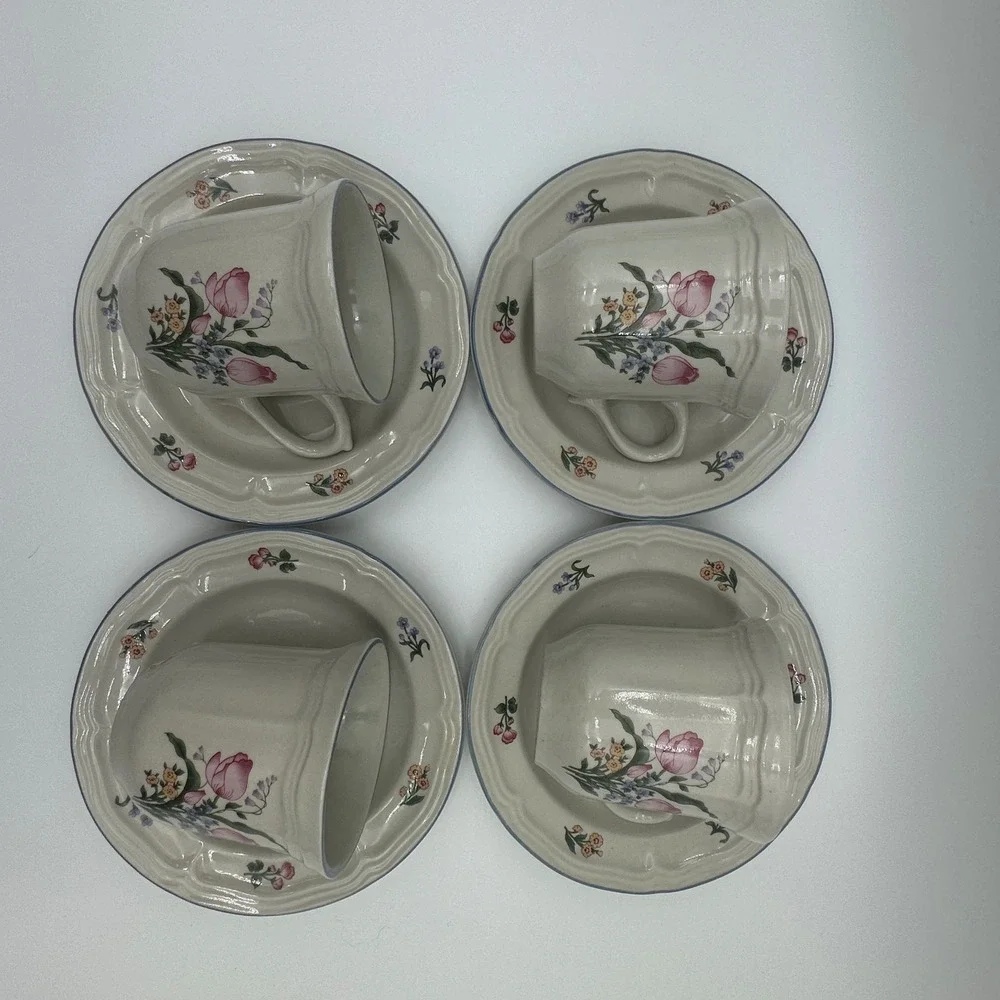 Gibson Tivoli Lafayette Cup and Saucer Set Floral Stoneware Pink Tulip 8pc